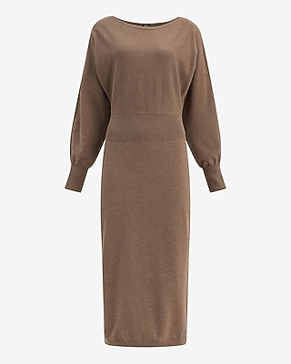 Boat Neck Dolman Sleeve Ribbed Waist Midi Sweater Dress