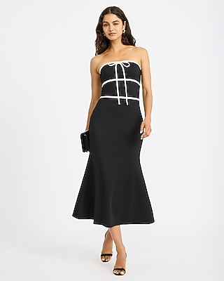 Tipped Strapless Bow Front Midi Sweater Sheath Dress