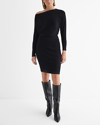 Casual Ribbed Off The Shoulder Long Sleeve Mini Sweater Dress