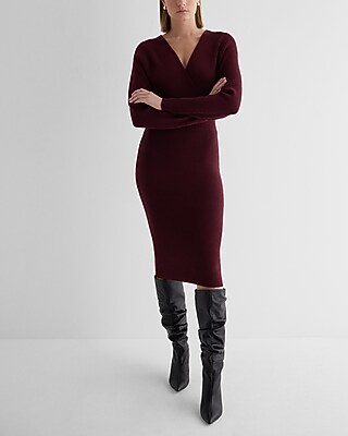 Ribbed V-Neck Surplice Midi Sweater Dress