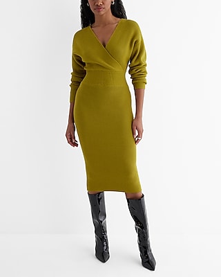 Date Night,Work,Casual Ribbed V-Neck Surplice Midi Sweater Dress