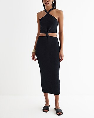 Vacation,Date Night,Cocktail & Party,Bridal Shower Halter Knot Cutout Midi Sweater Dress Black Women's XS