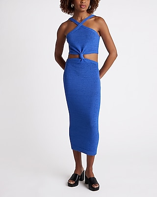 Vacation,Date Night,Cocktail & Party,Bridal Shower Halter Knot Cutout Midi Sweater Dress