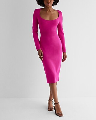 Casual Bodycon Scoop Neck Long Sleeve Midi Sweater Dress Pink Women's XS