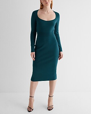 Casual Bodycon Scoop Neck Long Sleeve Midi Sweater Dress Green Women's XS