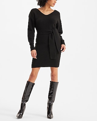 V-neck Sweater Long Sleeves Belted Dress