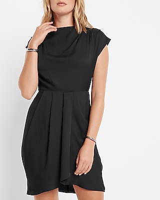 Short Draped Pleated Cowl Neck Mock Neck Sheath Sheath Dress