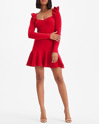 Cocktail & Party Sweetheart Neck Ruffle Fit And Flare Sweater Dress Red Women's S