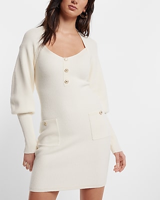 Casual Square Neck Balloon Sleeve Novelty Button Mini Sweater Dress