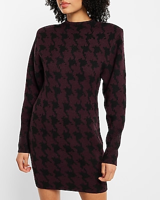 Fall Dog Houndstooth Print Sweater Mock Neck Dress