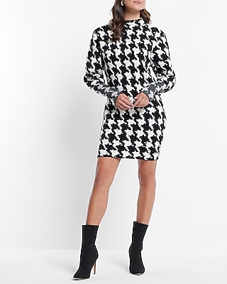 Casual Houndstooth Mock Neck Padded Shoulder Sweater Dress