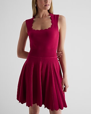 Scalloped Trim Square Neck Cocktail Short Fit-and-Flare Sweater Fitted Party Dress