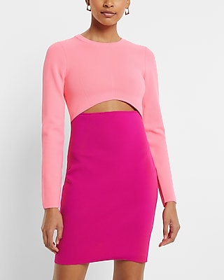 Long Sleeves Cocktail Short Cutout Ribbed Colorblocking Sweater Bodycon Dress/Party Dress