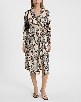 V-neck Animal Snake Print Long Sleeves Midi Dress