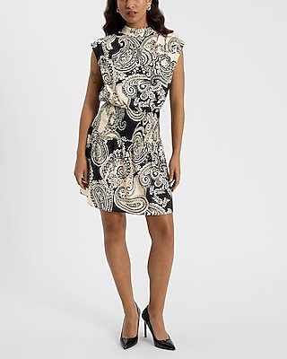 Mock Neck Smocked Paisley Print Sleeveless Short Elasticized Waistline Dress