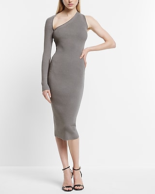 Cocktail & Party Bodycon Ribbed Asymmetrical One Shoulder Midi Sweater Dress