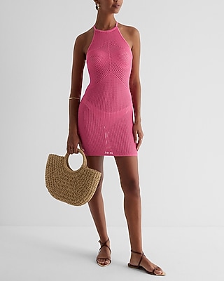 High Neck Open Back Sweater Dress Cover Up Pink Women's XL