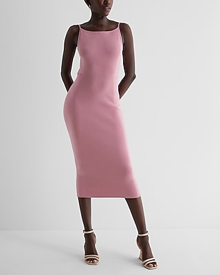 Casual Ribbed High Square Neck Midi Sweater Dress Pink Women's L