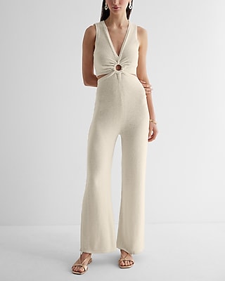 Casual V-Neck O-Ring Cutout Wide Leg Palazzo Sweater Jumpsuit