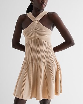 Casual Metallic Ribbed Twist Halter Neck Fit And Flare Sweater Dress
