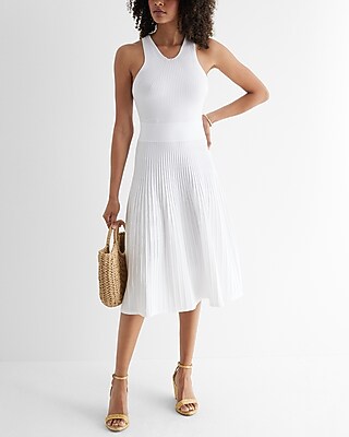 Casual,Work High Neck Pleated Midi Sweater Dress White Women's L
