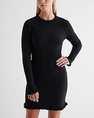 Casual Ribbed Long Sleeve Ruffle Hem Mini Sweater Dress Black Women's XS