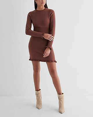 Casual Ribbed Long Sleeve Ruffle Hem Mini Sweater Dress Brown Women's XL