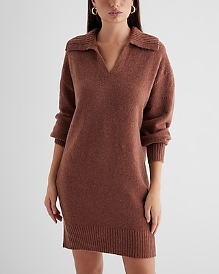Casual V-Neck Mini Sweater Polo Dress Brown Women's L