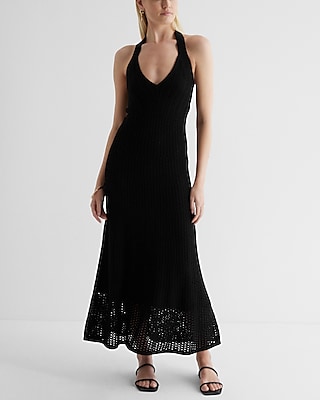 Crochet V-Neck Twist Back Maxi Dress Cover Up Black Women's XL