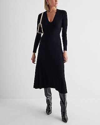 V-neck Long Sleeves Fall Ribbed Fitted Fit-and-Flare Sweater Midi Dress