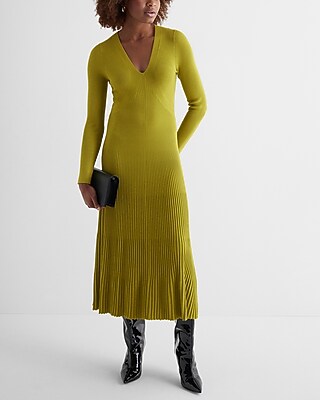Ribbed V-Neck Long Sleeve Sweater Midi Dress Green Women's S