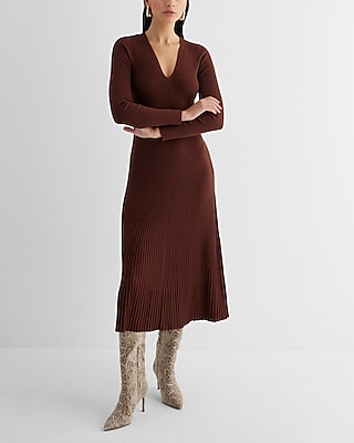 Ribbed V-Neck Long Sleeve Sweater Midi Dress