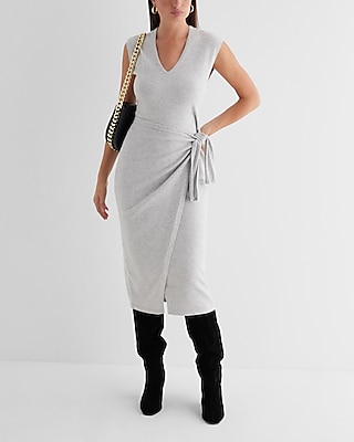 V-neck Sweater Tie Waist Waistline Cap Sleeves Midi Dress