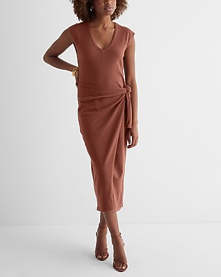 Work V-Neck Cap Sleeve Tie Waist Midi Sweater Dress Brown Women's L