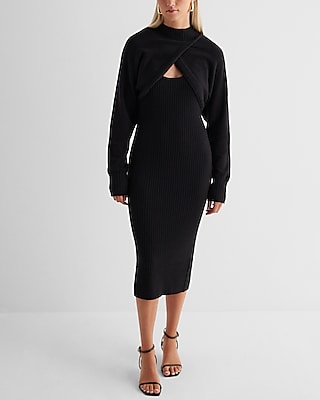 Casual Ribbed Two Piece Sweater Midi Dress Black Women's XS