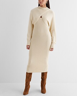 Casual Ribbed Two Piece Sweater Midi Dress Neutral Women's XS