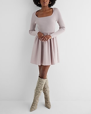 Plus Size Ribbed Fitted Square Neck Fit-and-Flare Sweater Poplin Short Dress