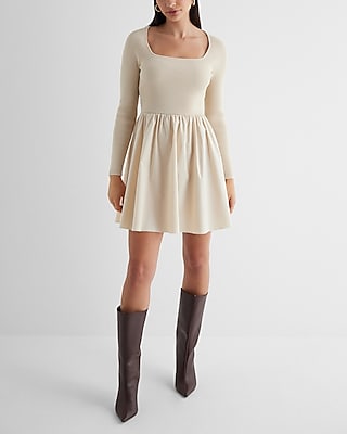 Short Ribbed Fitted Fit-and-Flare Sweater Poplin Square Neck Dress