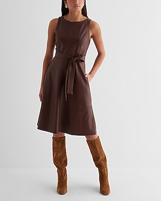 Tie Waist Waistline Faux-Leather Crew Neck Midi Dress