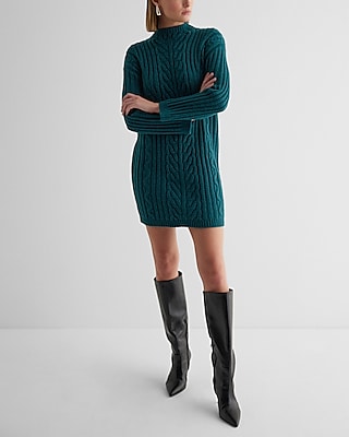 Casual Cable Knit Mock Neck Long Sleeve Mini Sweater Dress Green Women's XL