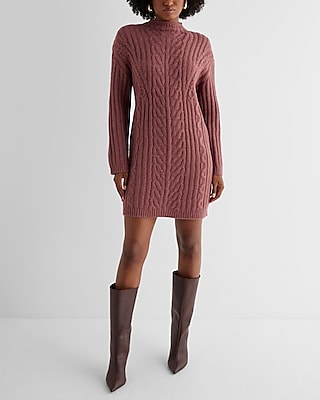 Casual Cable Knit Mock Neck Long Sleeve Mini Sweater Dress Purple Women's XL