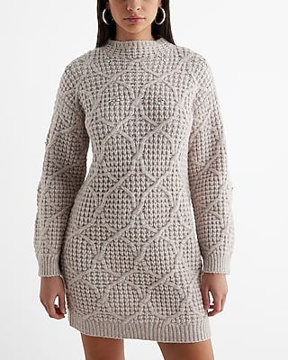 Rhinestone Embellished Mock Neck Mini Sweater Dress