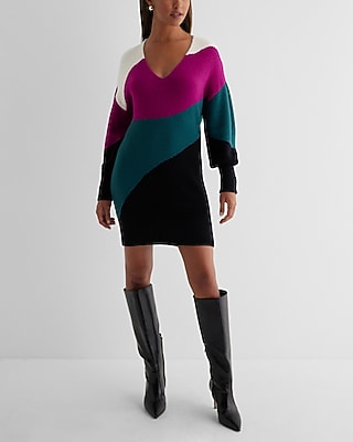 Casual Plush Knit Color Block V-Neck Mini Sweater Dress
