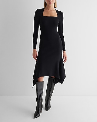Date Night,Cocktail & Party,Work Ribbed Square Neck Asymmetrical Hem Midi Sweater Dress Black Women's M