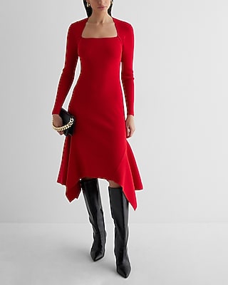 Date Night,Cocktail & Party,Work Ribbed Square Neck Asymmetrical Hem Midi Sweater Dress Red Women's S