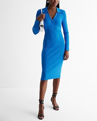 Casual,Work,Date Night,Bridal Shower Ribbed Long Sleeve Polo Midi Sweater Dress Women