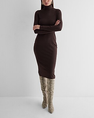 Work,Casual Turtleneck Long Sleeve Midi Sweater Dress Brown Women's L