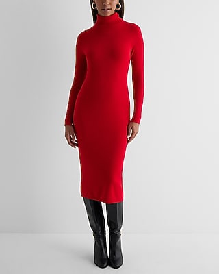 Work,Casual Turtleneck Long Sleeve Midi Sweater Dress Red Women's XS