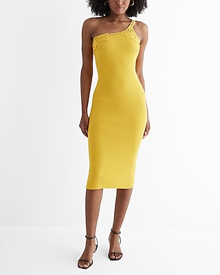 Vacation,Cocktail & Party,Bridal Shower Lace Ribbed One Shoulder Midi Sweater Dress Yellow Women's S