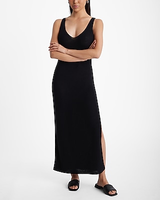 V-neck Slit Sleeveless Linen Sweater Maxi Dress